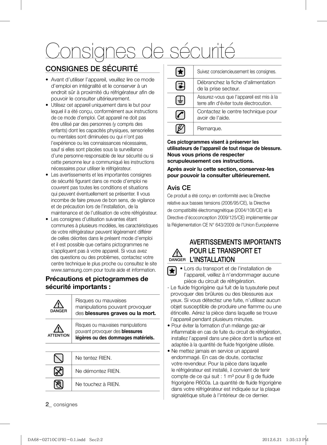 Samsung RS7567THCSL/EF manual Consignes de sécurité, Consignes DE Sécurité, Avis CE 