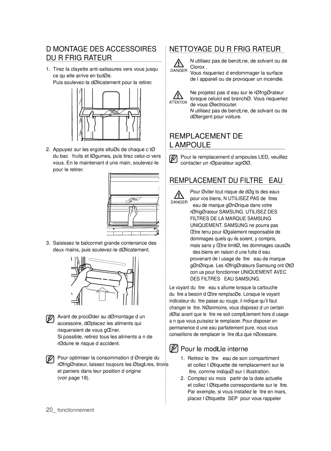 Samsung RS7567THCSL/EF manual Nettoyage DU Réfrigérateur, Remplacement DE ’AMPOULE, Remplacement DU Filtre À EAU 