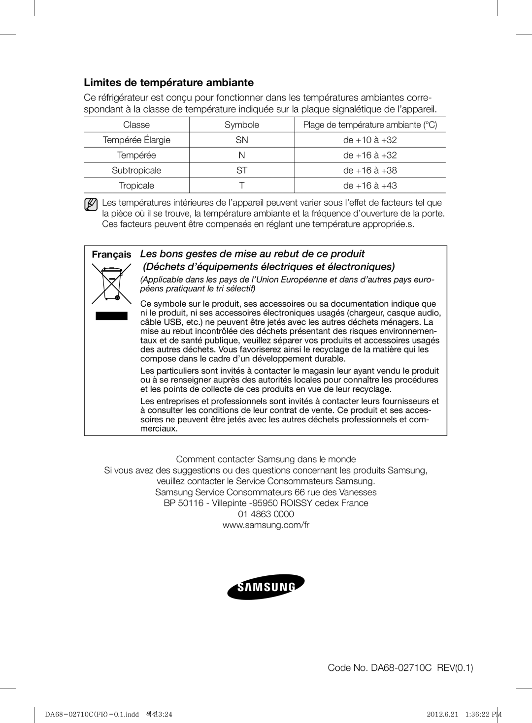 Samsung RS7567THCSL/EF manual Limites de température ambiante, De +16 à +43 