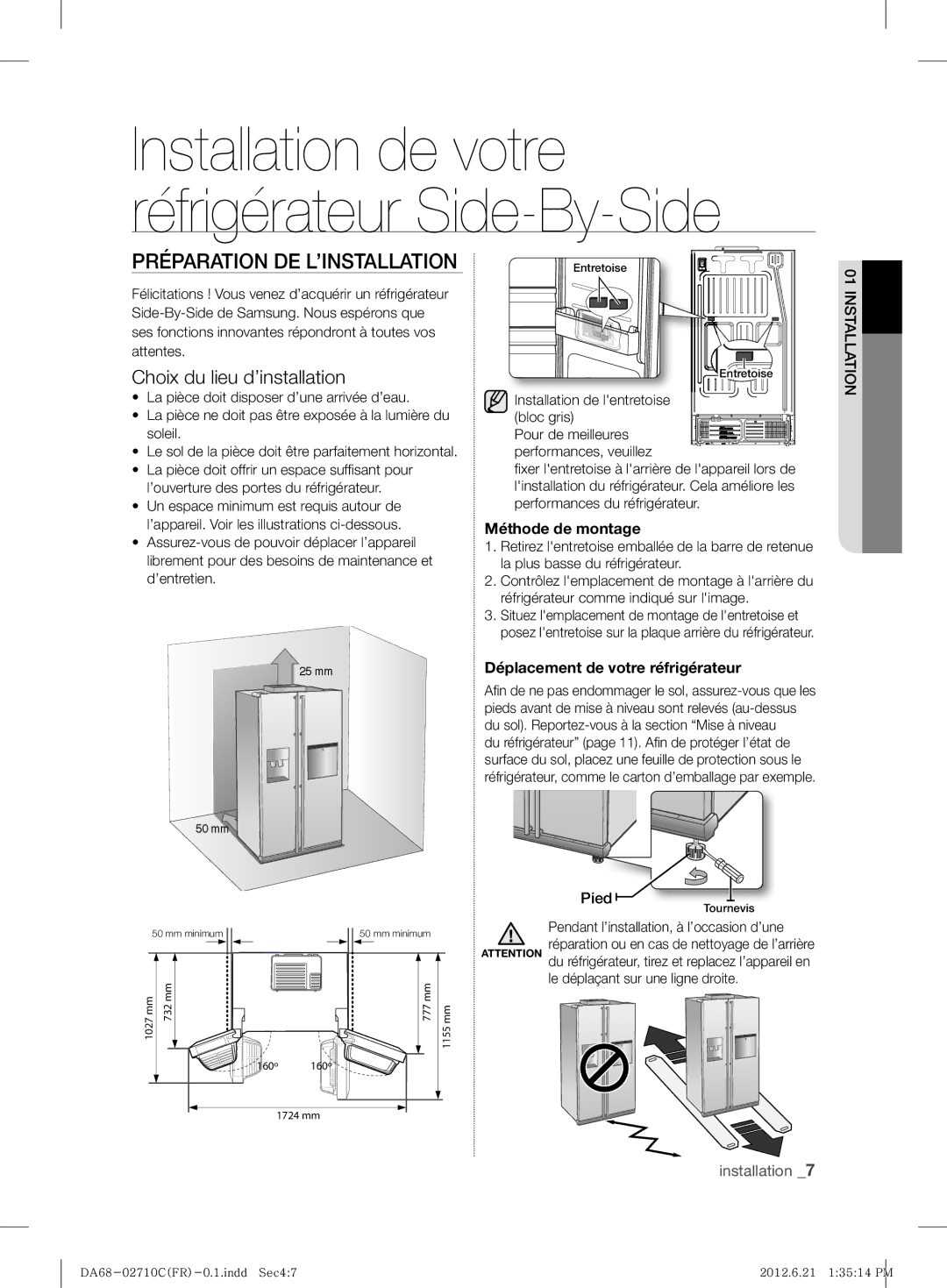 Samsung RS7567THCSL/EF manual Préparation DE L’INSTALLATION, Choix du lieu d’installation, Pied 