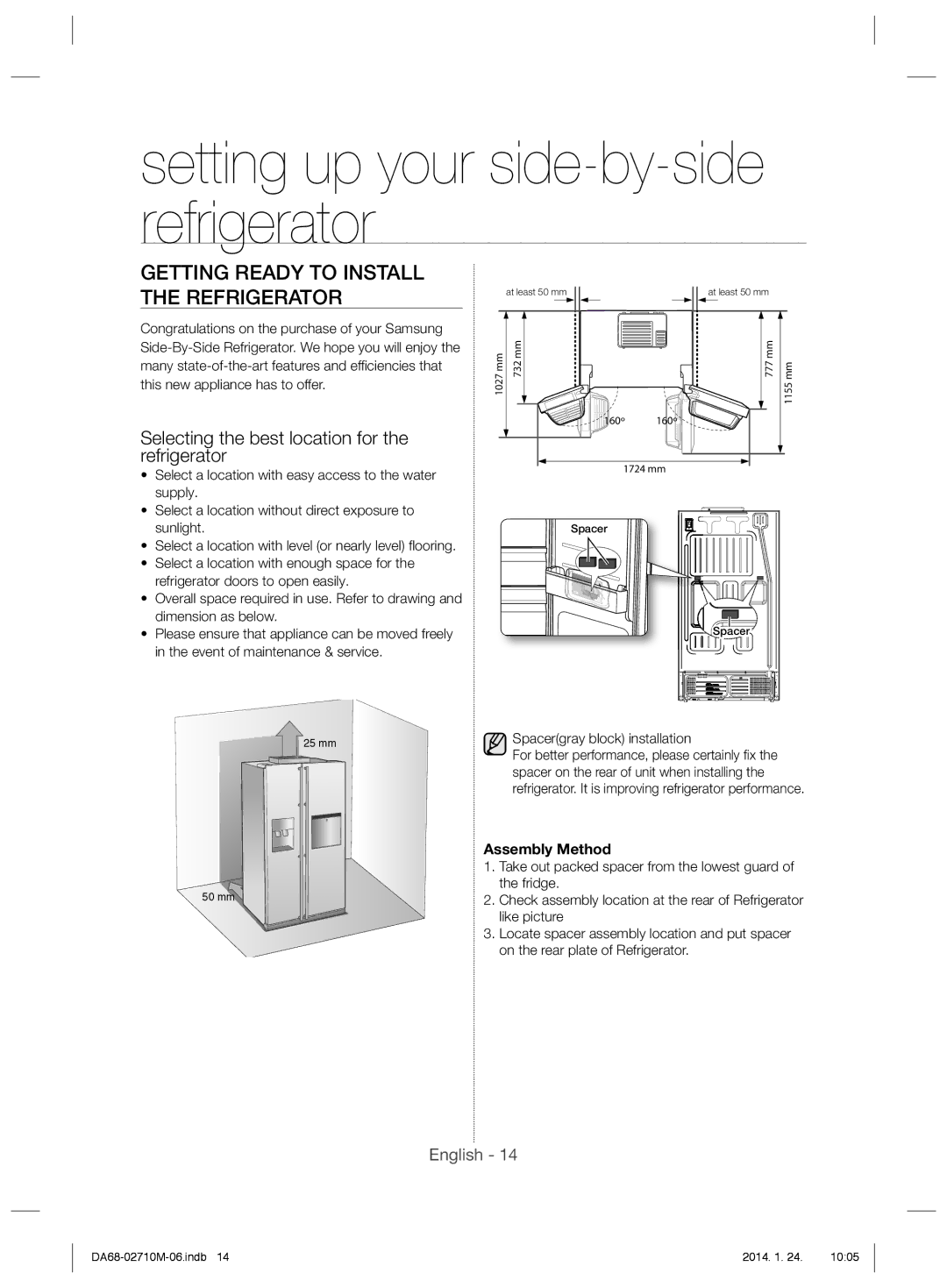 Samsung RS7557BHCSP/EF manual Getting Ready to Install the Refrigerator, Selecting the best location for the refrigerator 