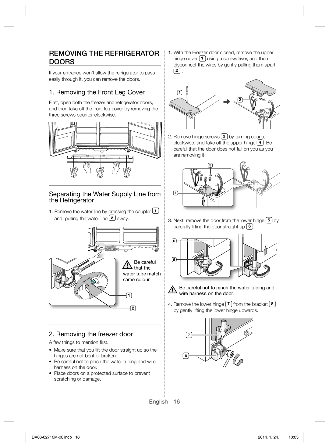 Samsung RS7577THCWW/EF manual Removing the Refrigerator Doors, Removing the Front Leg Cover, Removing the freezer door 