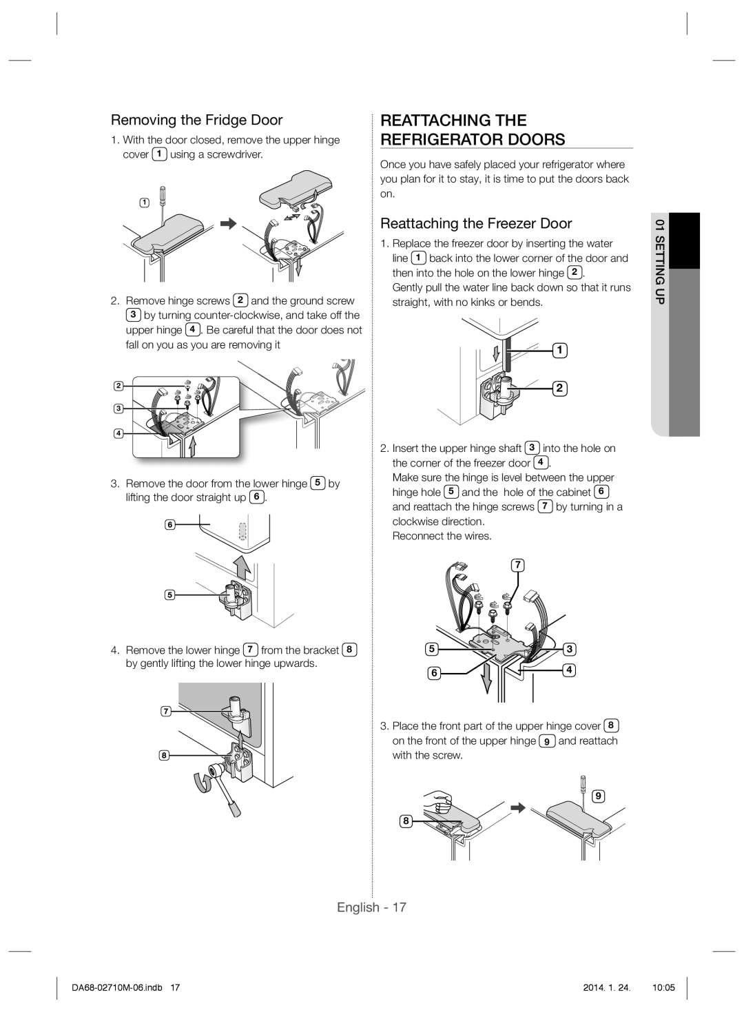 Samsung RS7768FHCBC/EF manual Reattaching Refrigerator Doors, Removing the Fridge Door, Reattaching the Freezer Door 