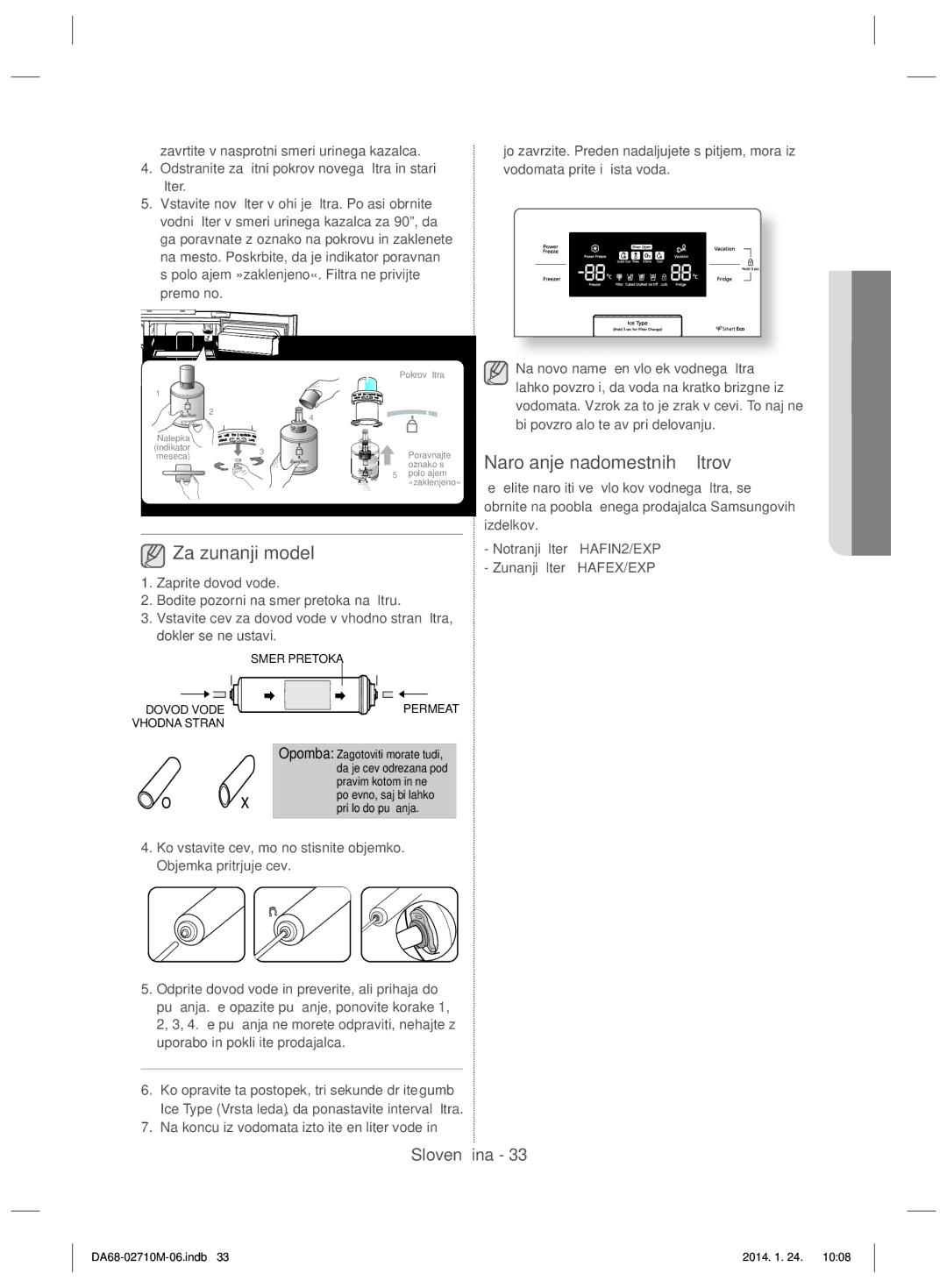 Samsung RS7547BHCSP/EF manual Za zunanji model, Naročanje nadomestnih ﬁltrov, Na koncu iz vodomata iztočite en liter vode 