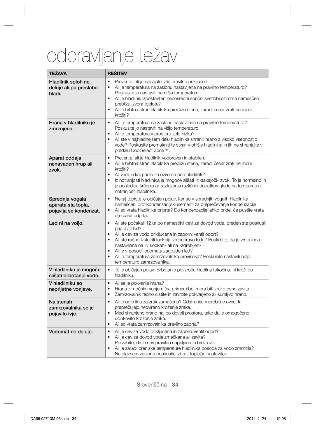 Samsung RS7557BHCSP/EF, RS7577THCWW/EF, RS7768FHCBC/EF, RS7778FHCSR/EF, RS7778FHCBC/EF, RS7778FHCWW/EF manual Odpravljanje težav 