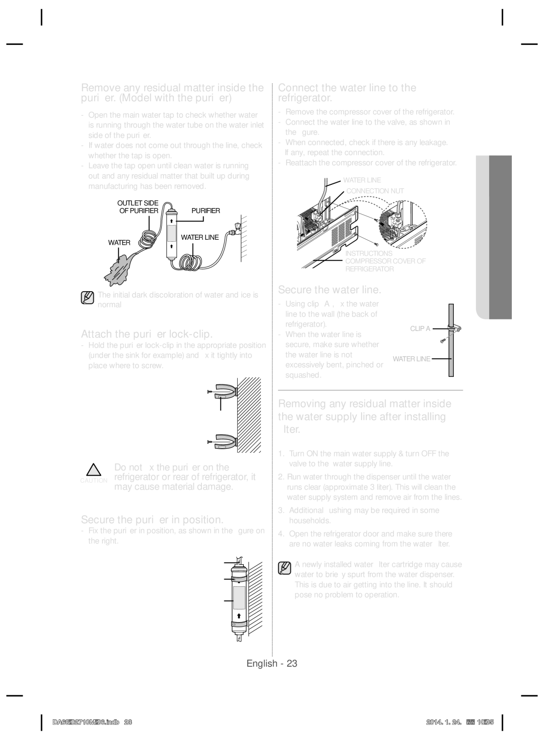 Samsung RS7577THCSP/EF Connect the water line to the refrigerator, Attach the puriﬁer lock-clip, Secure the water line 