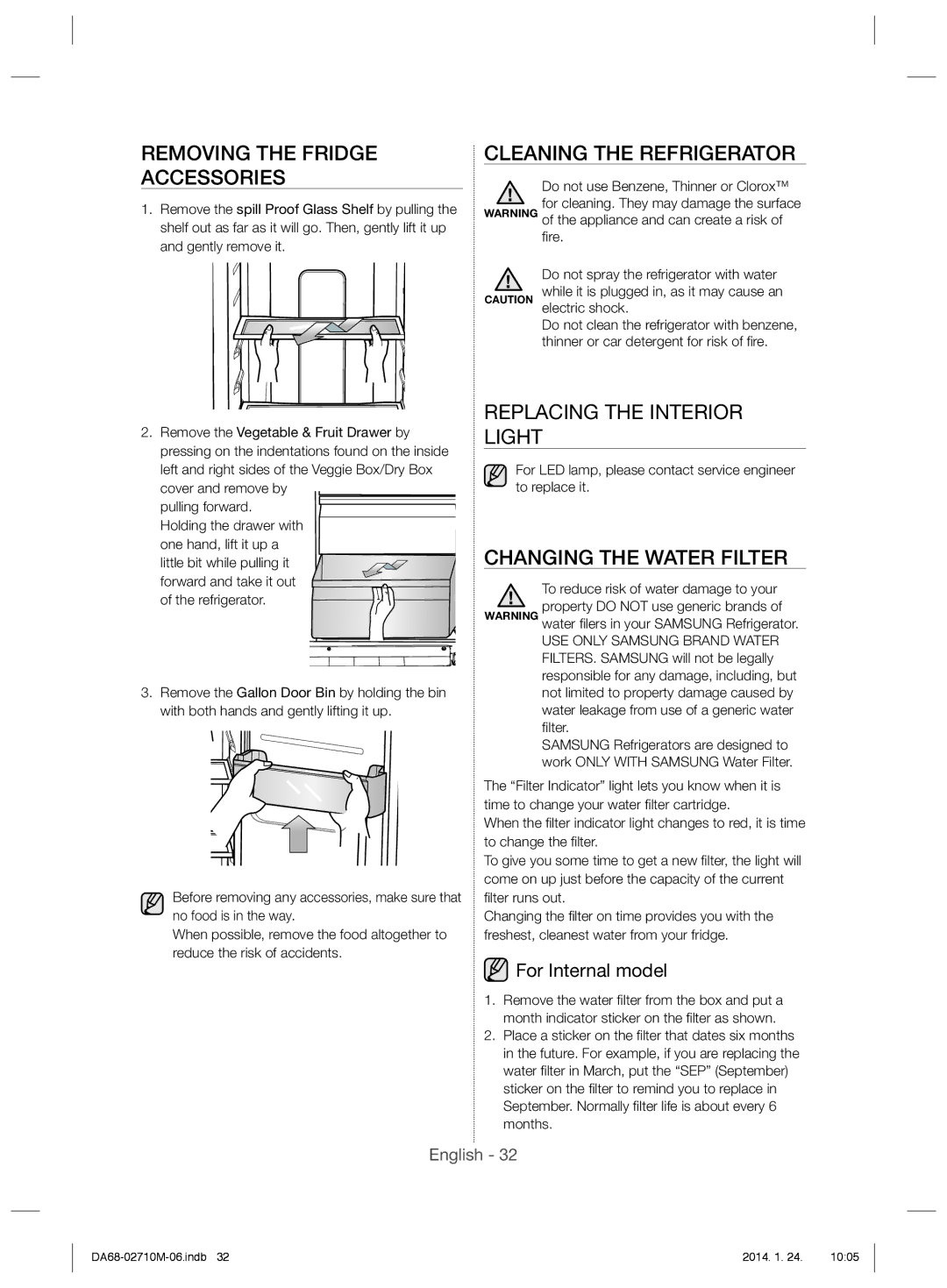 Samsung RS7577THCWW/EF manual Removing the Fridge Accessories, Cleaning the Refrigerator, Replacing the Interior Light 