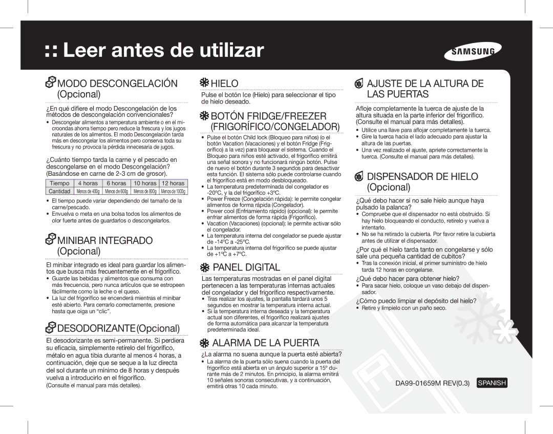 Samsung RS7528THCSL/EF, RS7578THCSR/EF manual Leer antes de utilizar, Hielo, Panel Digital, Alarma DE LA Puerta 