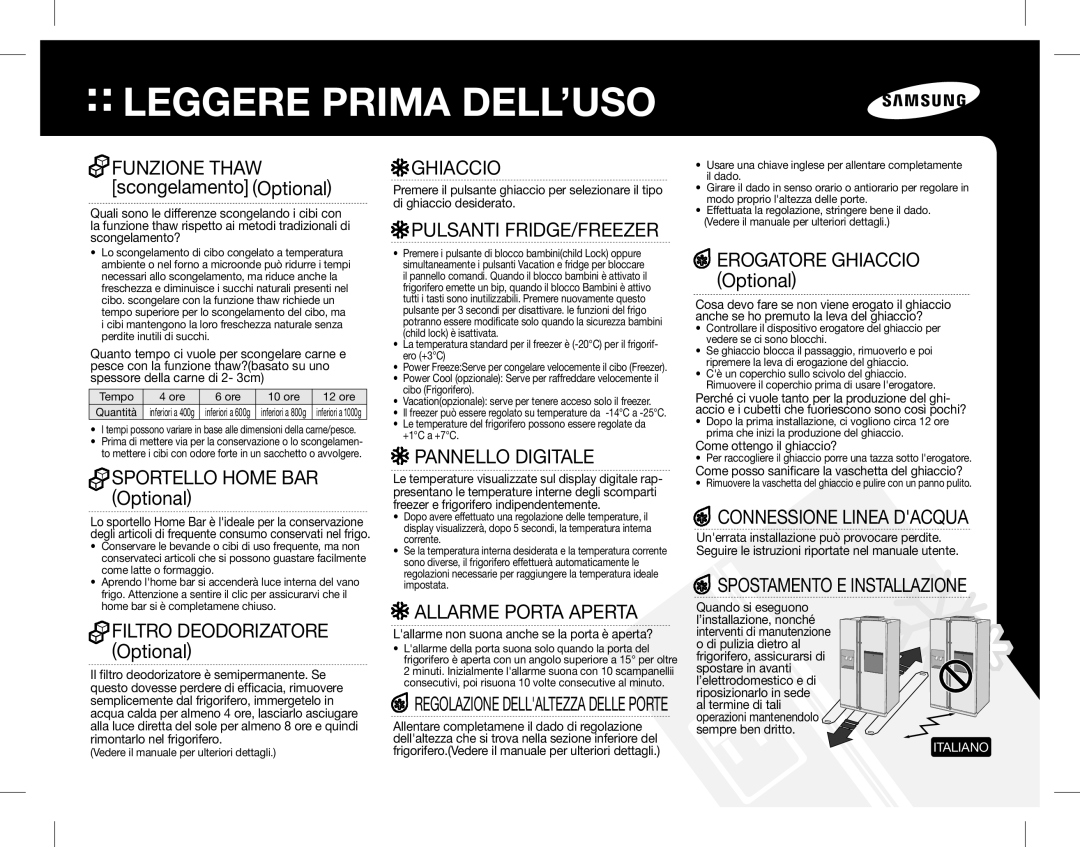 Samsung RS7667FHCSP/EF, RS7578THCSR/EF, RS7528THCSL/EF, RS7528THCWW/EF, RS7567THCSP/EF, RS7567THCSL/EF Leggere Prima DELL’USO 