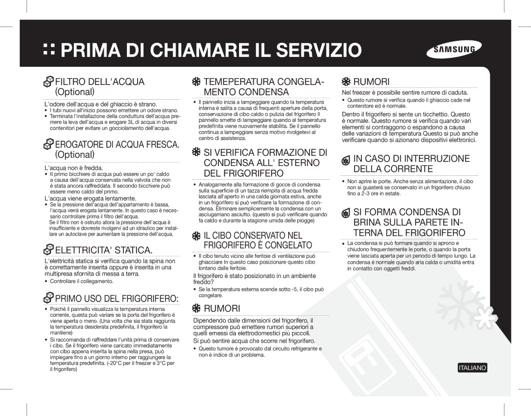 Samsung RS7567THCSP/EF Prima DI Chiamare IL Servizio, Elettricita Statica, Rumori, Caso DI Interruzione Della Corrente 