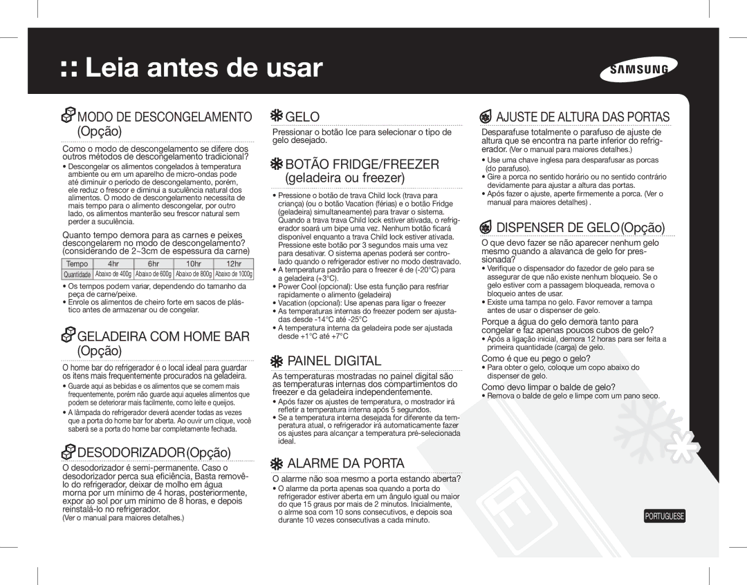 Samsung RS7567THCSL/EF manual Leia antes de usar, Gelo, Painel Digital, Alarme DA Porta, Ajuste DE Altura DAS Portas 