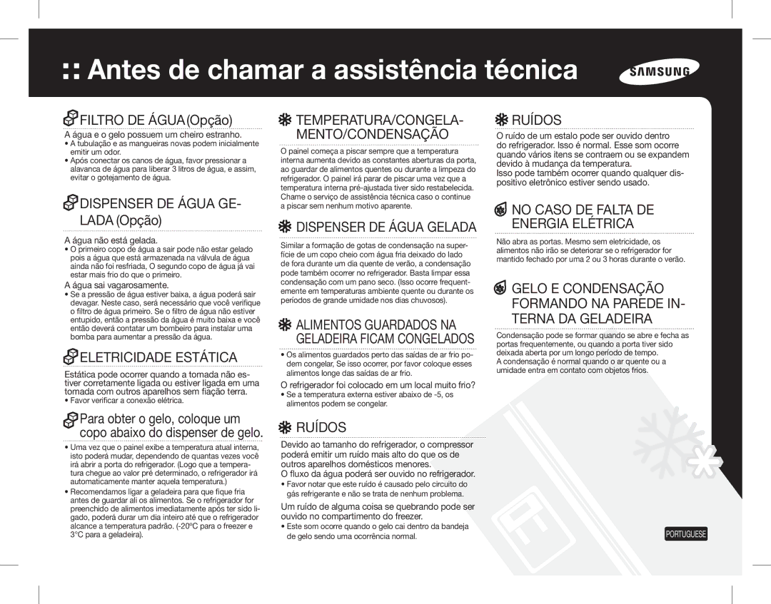 Samsung RSH7UNPN1/XES, RS7578THCSR/EF, RS7528THCSL/EF Antes de chamar a assistência técnica, Eletricidade Estática, Ruídos 