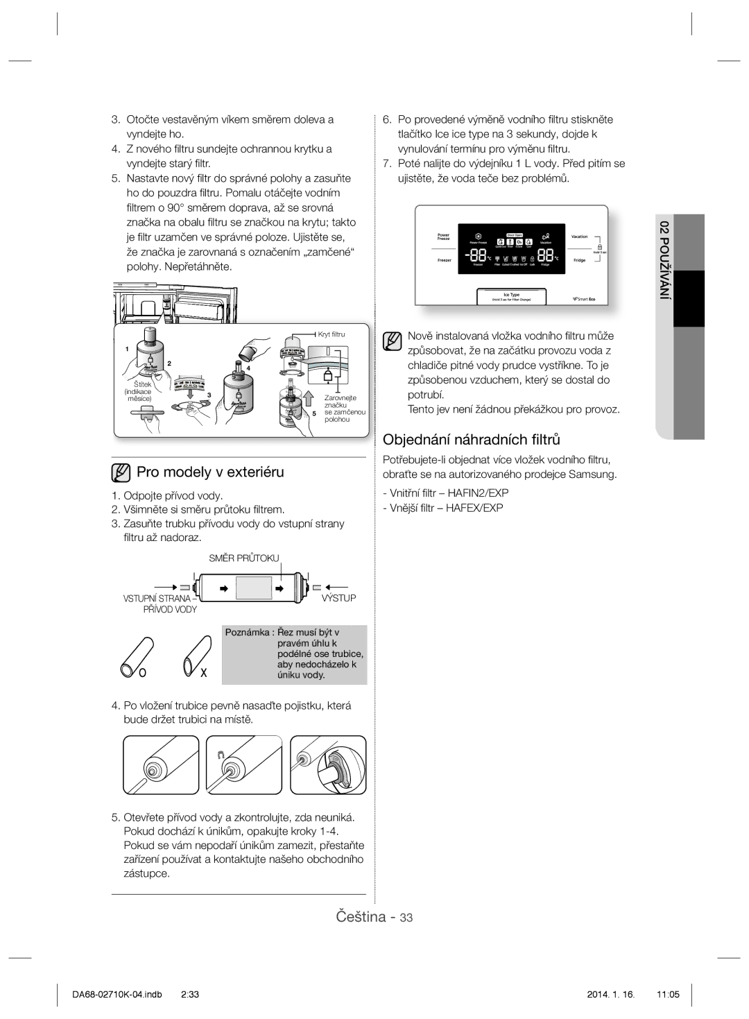 Samsung RS7768FHCBC/EF Pro modely v exteriéru, Objednání náhradních ﬁltrů, Vnitřní ﬁ ltr HAFIN2/EXP Vnější ﬁ ltr HAFEX/EXP 