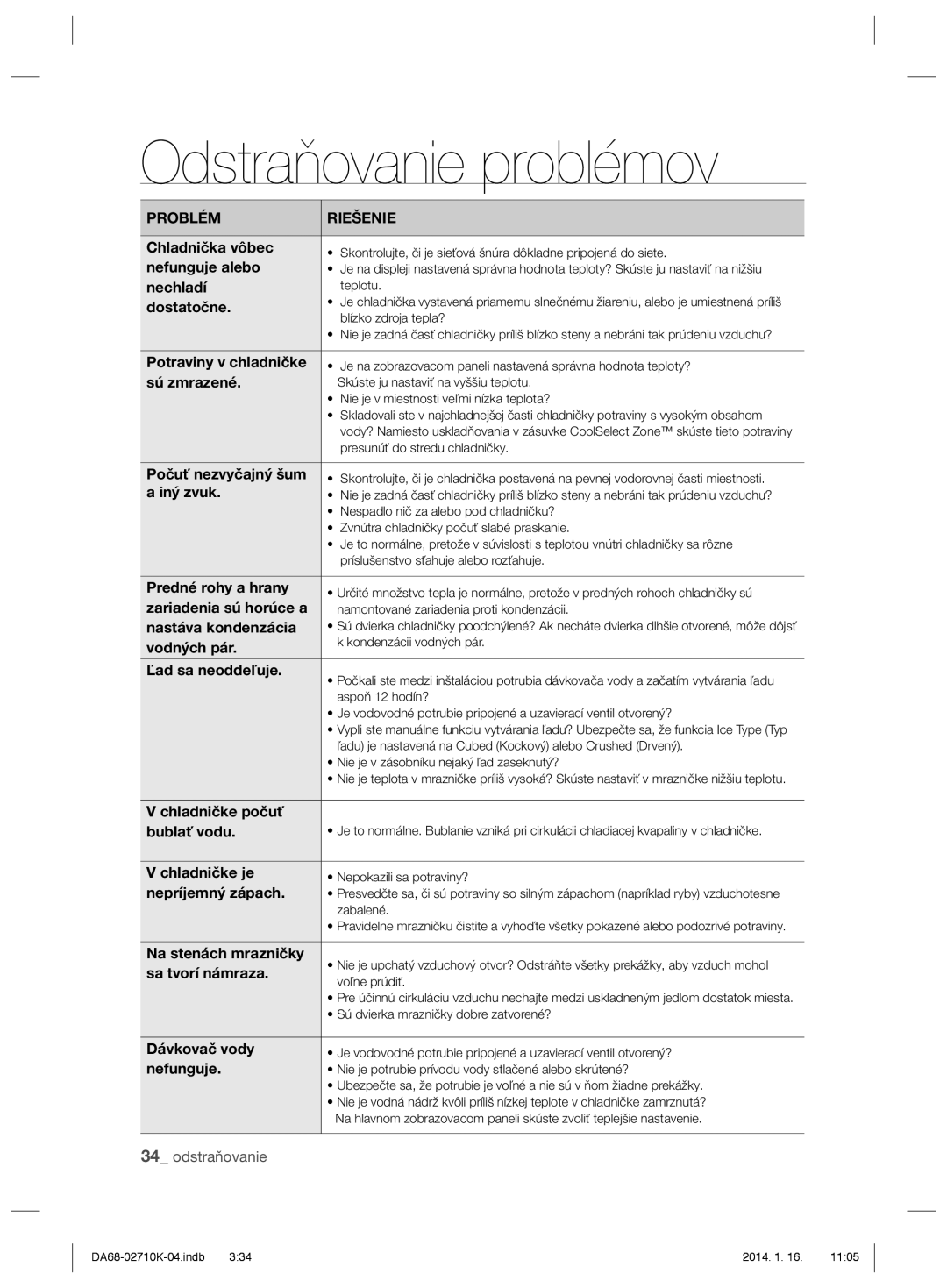 Samsung RS7568THCSR/WS, RS7578THCSR/EF, RS7568BHCSP/EF, RS7528THCSL/EF, RS7677FHCSL/EF, RS7577THCSL/EF Odstraňovanie problémov 