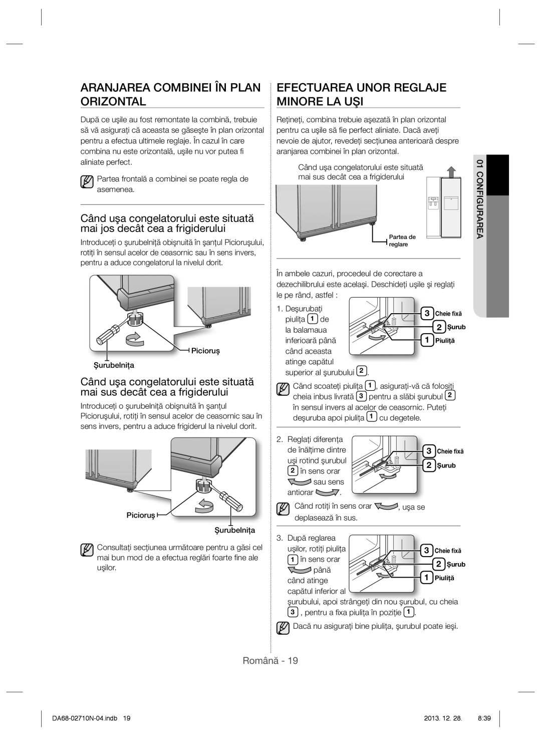 Samsung RS7577THCSP/EF, RS7768FHCBC/EF manual Aranjarea Combinei ÎN Plan Efectuarea Unor Reglaje, Orizontal Minore LA UŞI 