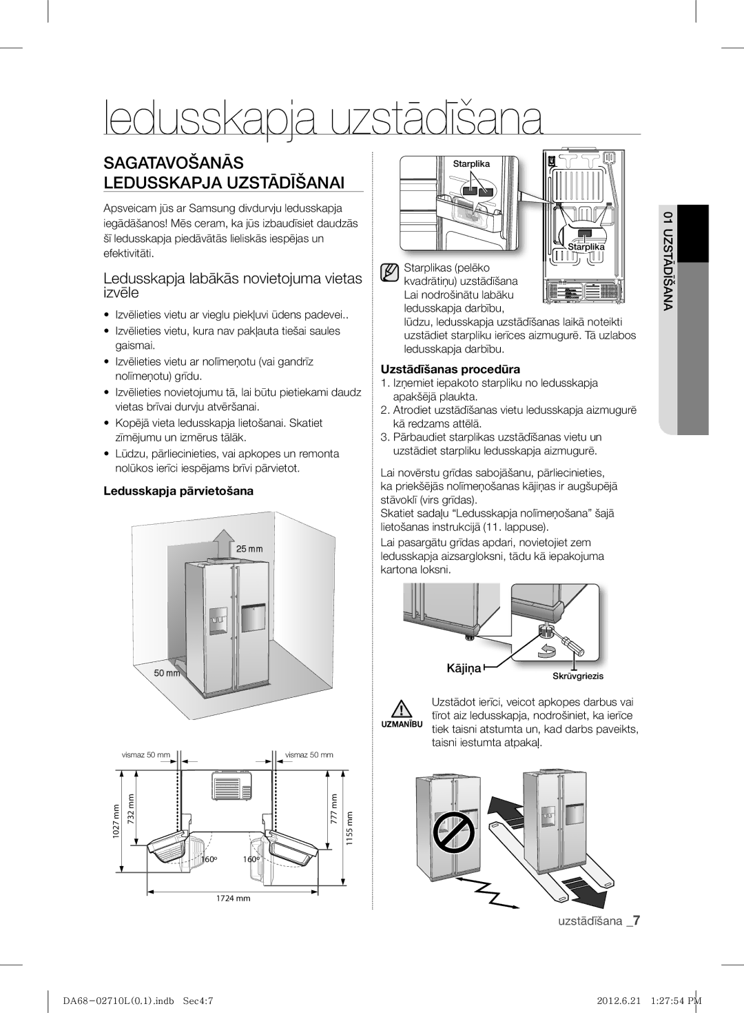 Samsung RS7567THCBC/EF, RS7778FHCBC/EF manual Ledusskapja uzstādīšana, Sagatavošanās Ledusskapja Uzstādīšanai, Kājiņa 