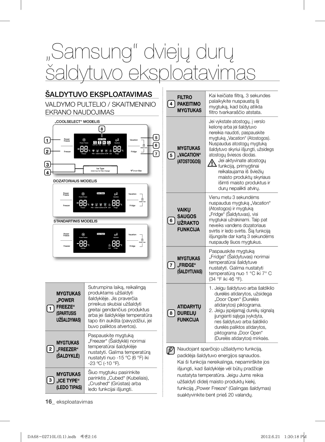 Samsung RS7768FHCSR/EF, RS7778FHCBC/EF, RS7778FHCWW/EF, RS7577THCSP/EF, RS7567THCBC/EF manual Šaldytuvo Eksploatavimas 