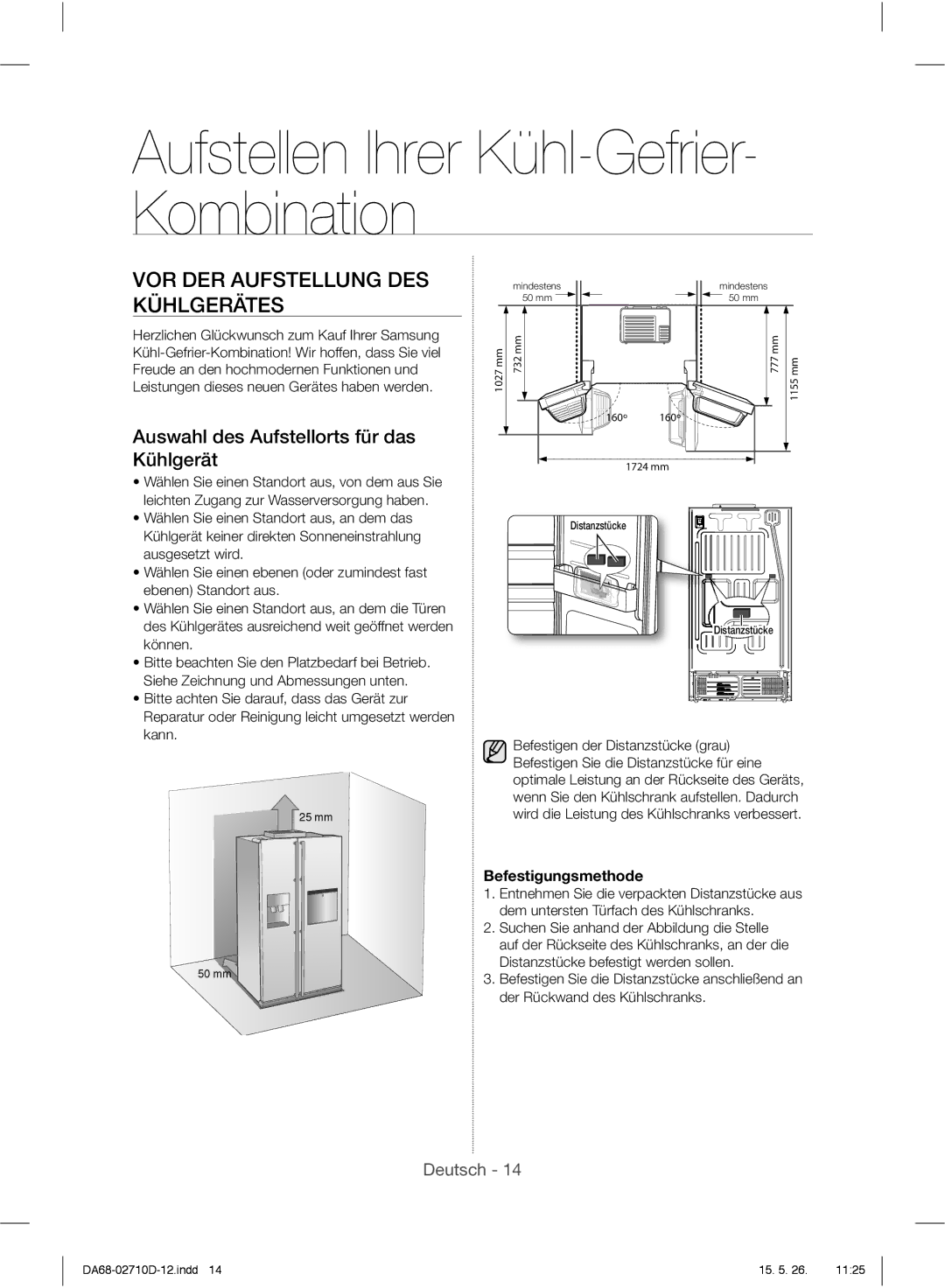 Samsung RS7528THCSP/WS, RS7778FHCSL/EG VOR DER Aufstellung DES Kühlgerätes, Auswahl des Aufstellorts für das Kühlgerät 