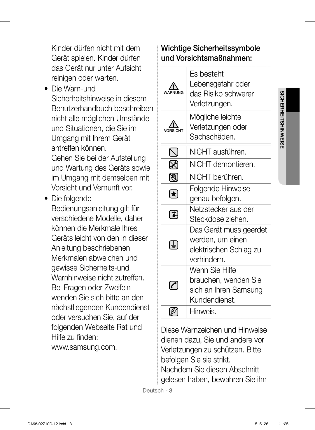 Samsung RS7568BHCSP/EF, RS7778FHCSL/EG manual Mögliche leichte, Nicht ausführen Nicht demontieren Nicht berühren, Hinweis 