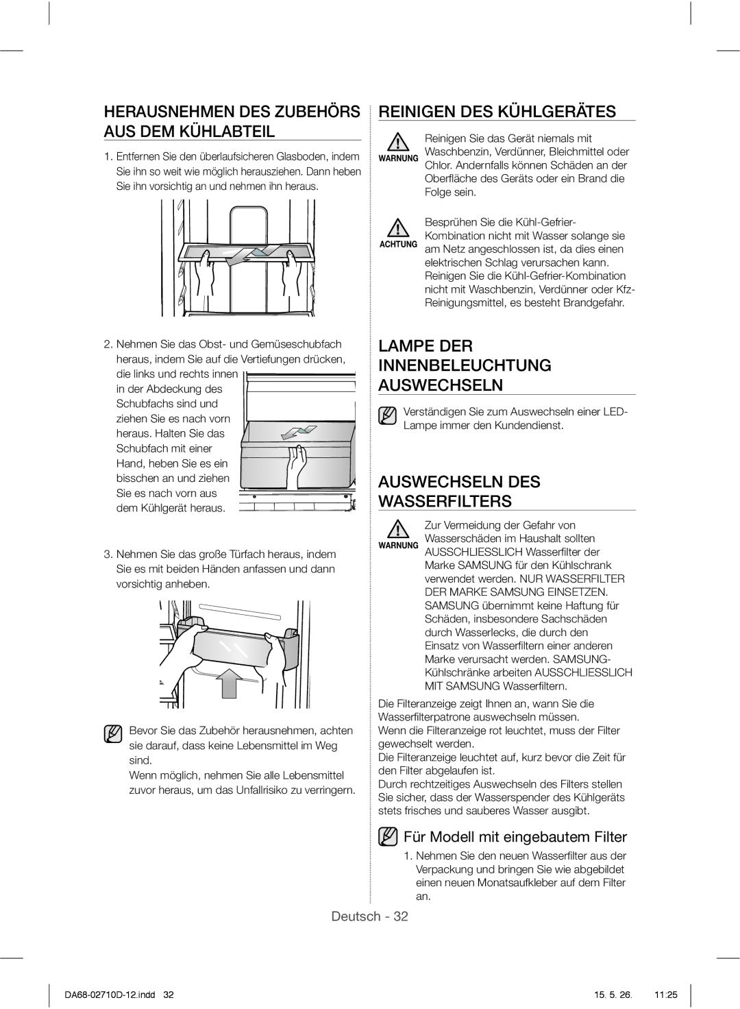 Samsung RS7577THCSL/EF, RS7778FHCSL/EG manual Herausnehmen DES Zubehörs AUS DEM Kühlabteil, Reinigen DES Kühlgerätes 