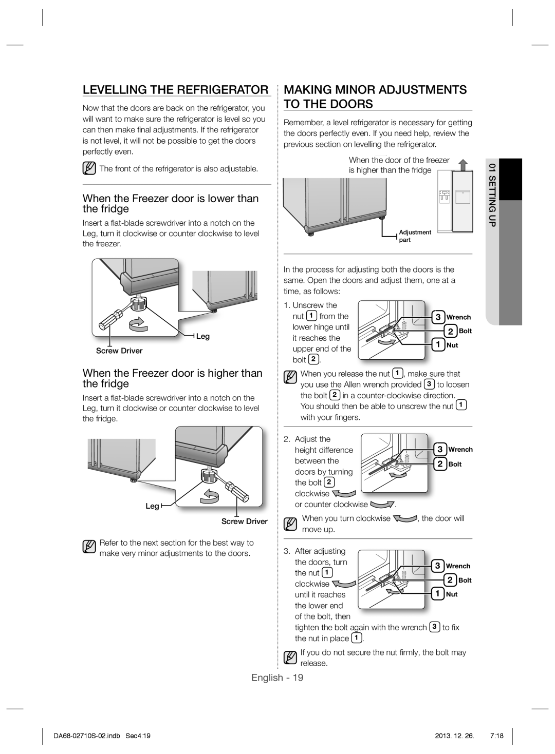 Samsung RS7567THCSP/EF, RS7778FHCSR/EF, RS7547BHCSP/EF Levelling the Refrigerator, Making Minor Adjustments to the Doors 