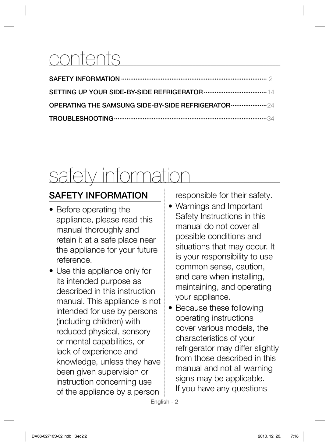 Samsung RS7778FHCSL/EF, RS7778FHCSR/EF, RS7547BHCSP/EF, RS7577THCSP/EF, RS7567THCSP/EF manual Contents 