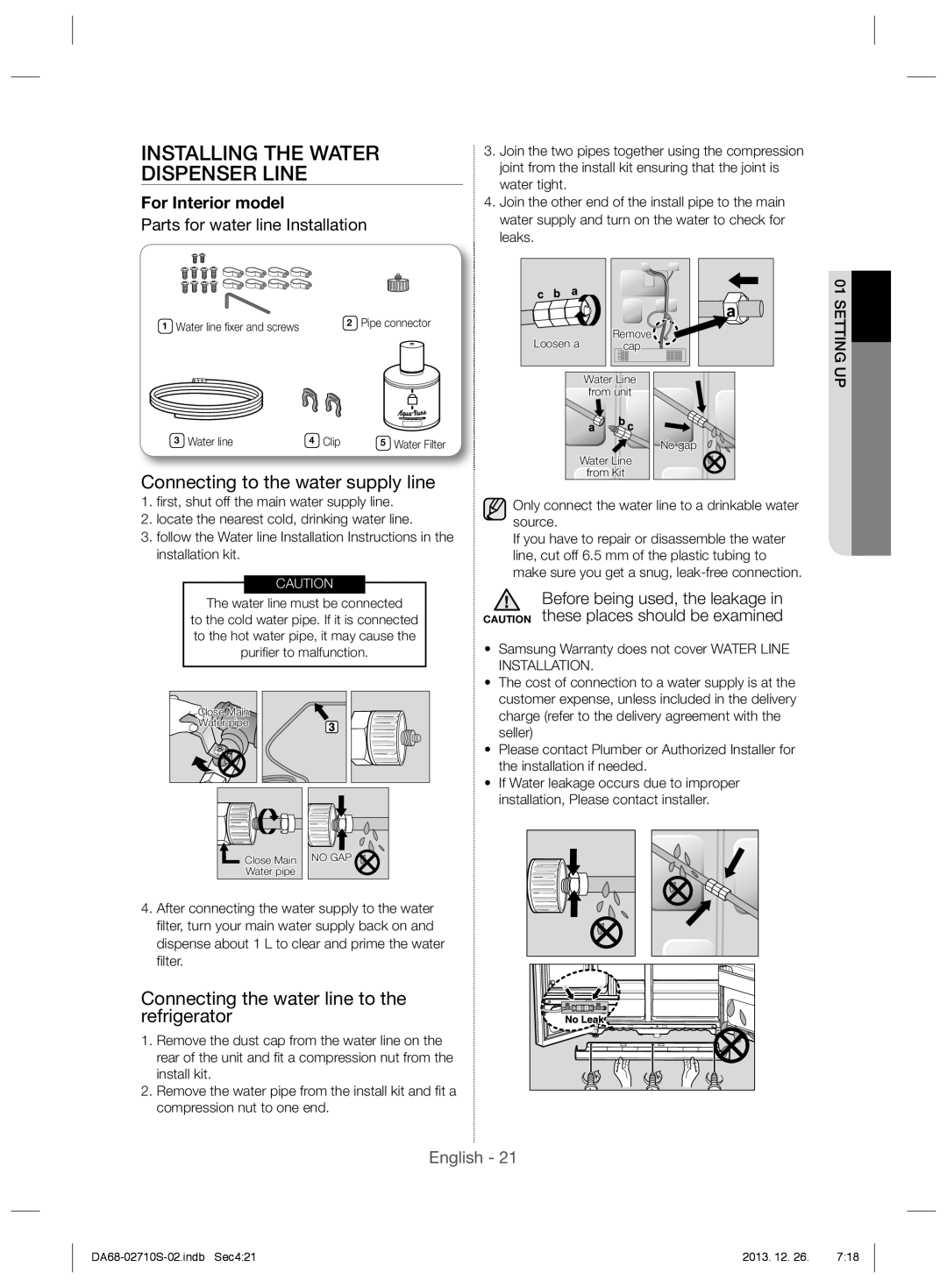 Samsung RS7547BHCSP/EF, RS7778FHCSR/EF manual Installing the Water Dispenser Line, Connecting to the water supply line, Lter 