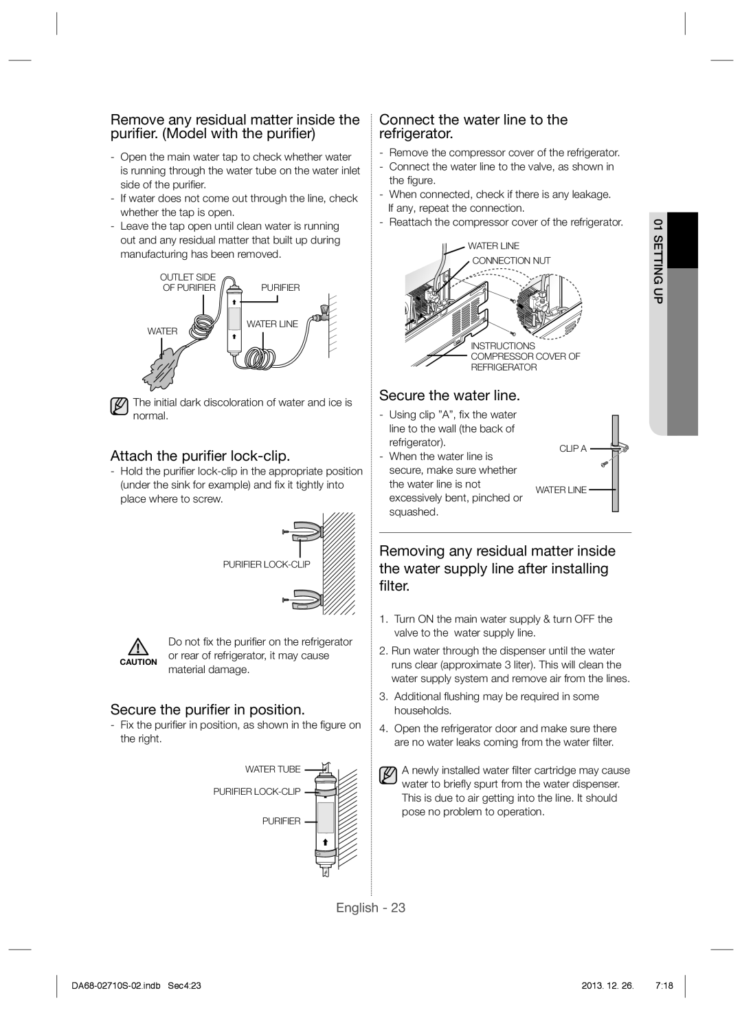 Samsung RS7577THCSP/EF Connect the water line to the refrigerator, Attach the puriﬁer lock-clip, Secure the water line 