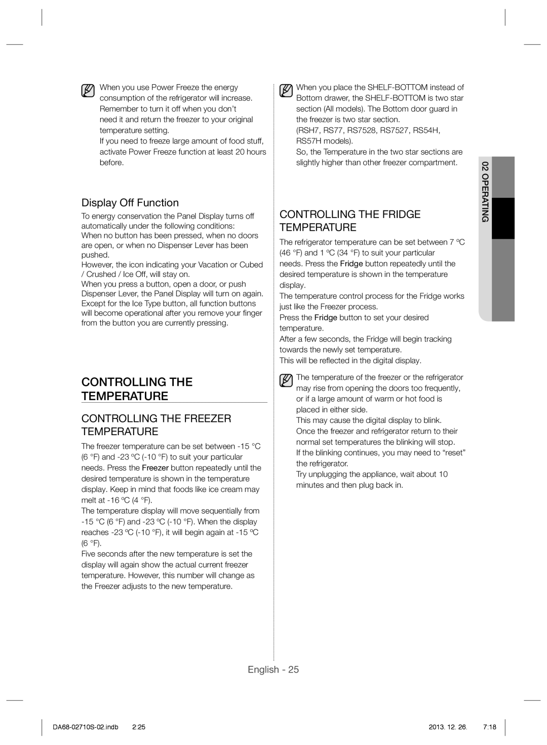 Samsung RS7778FHCSR/EF Controlling Temperature, Display Off Function, RSH7, RS77, RS7528, RS7527, RS54H, RS57H models 