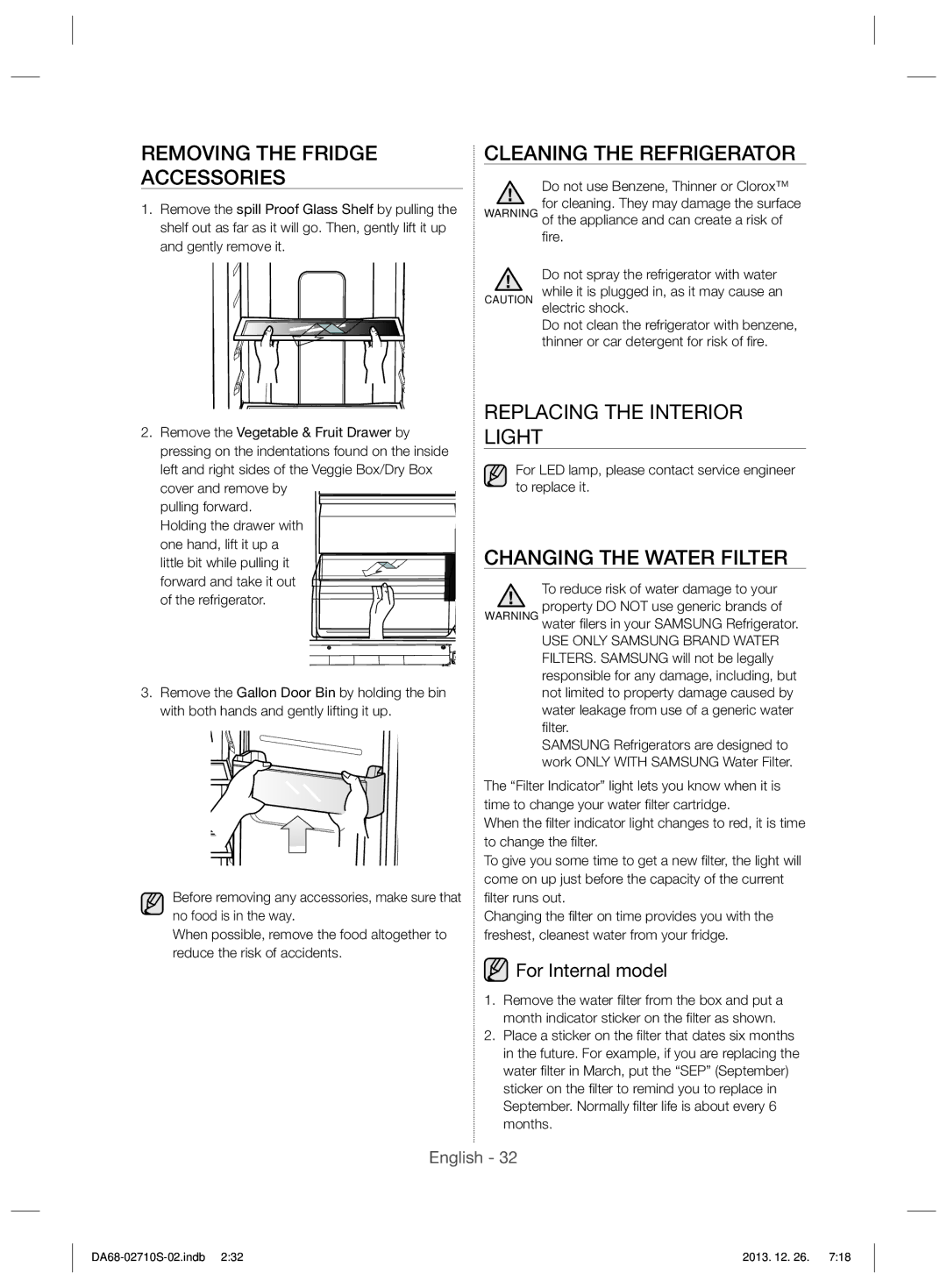 Samsung RS7778FHCSL/EF manual Removing the Fridge Accessories, Cleaning the Refrigerator, Replacing the Interior Light 