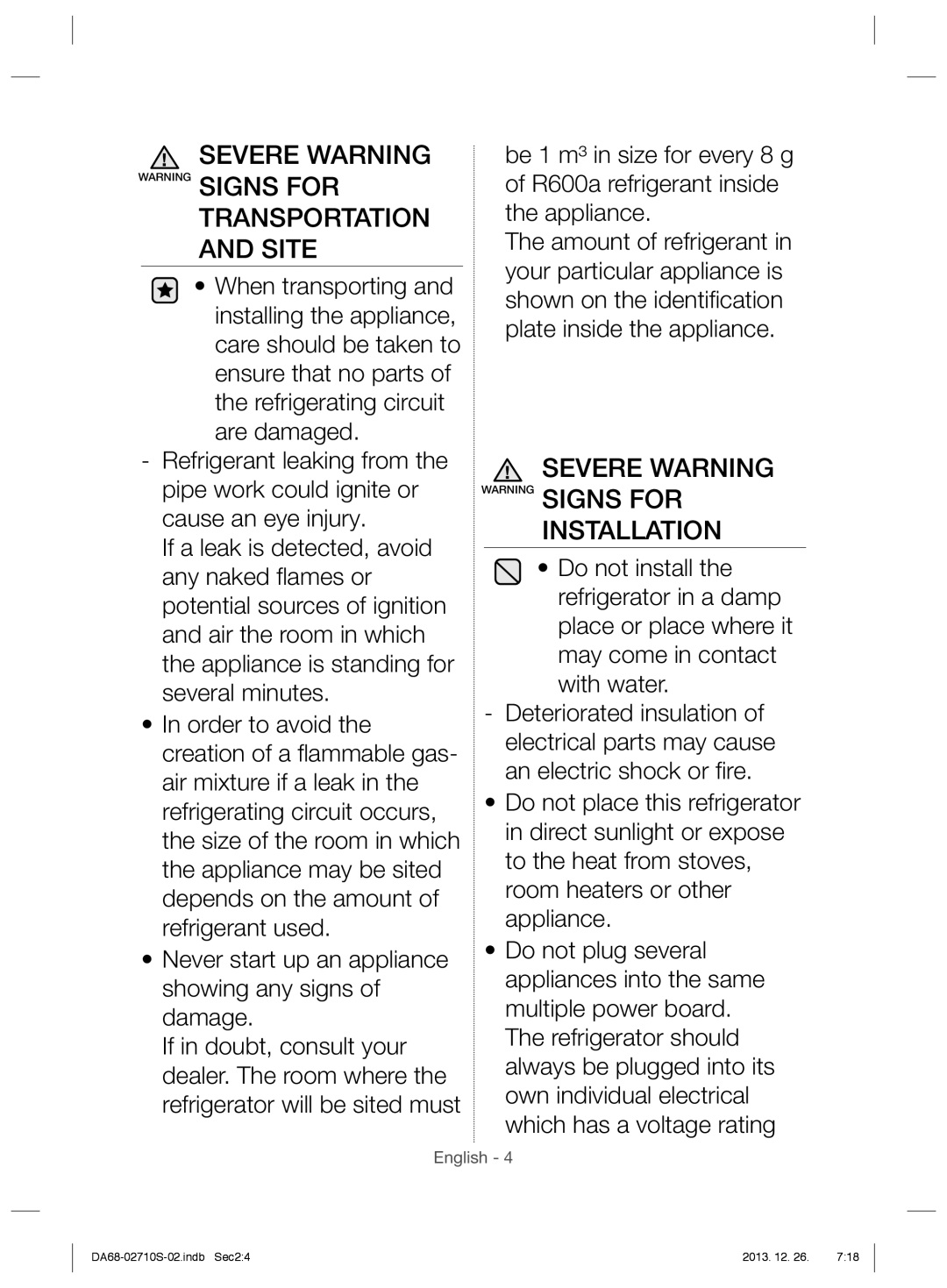 Samsung RS7567THCSP/EF, RS7778FHCSR/EF, RS7547BHCSP/EF, RS7778FHCSL/EF, RS7577THCSP/EF manual Severe Warning Warning Signs for 