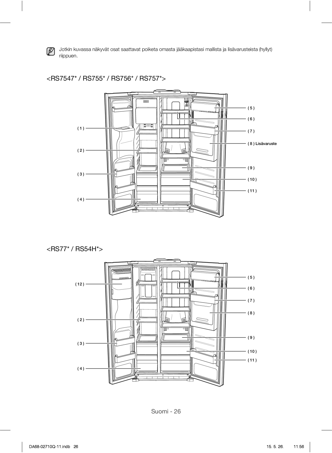 Samsung RS7527THCSP/EF, RS7778FHCSR/EF, RS7778FHCBC/EF, RS7778FHCWW/EF, RS7547BHCSP/EF, RS7557BHCSP/EF manual Lisävaruste 