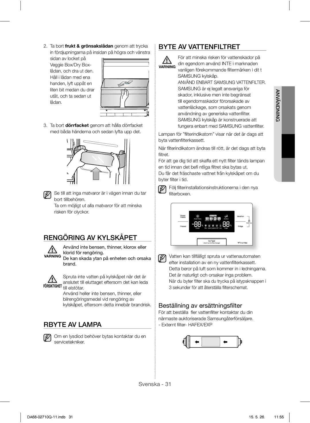 Samsung RS7567THCSP/EF Rengöring AV Kylskåpet, Rbyte AV Lampa, Byte AV Vattenfiltret, Beställning av ersättningsﬁlter 