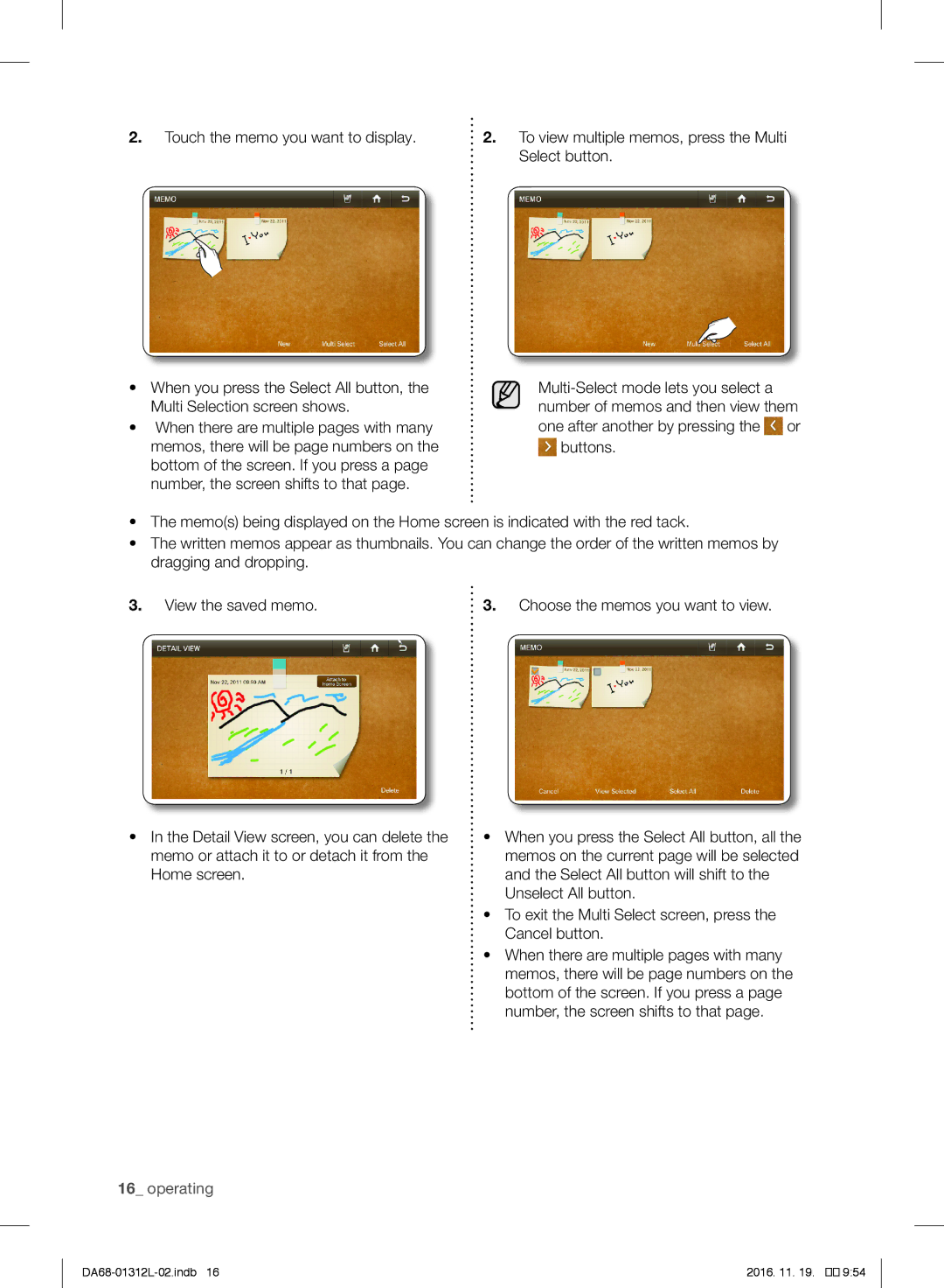 Samsung RS627LHQESR/ML, RS7778FHCWW/EF, RS757LHQESR/ML manual View the saved memo Choose the memos you want to view, Buttons 