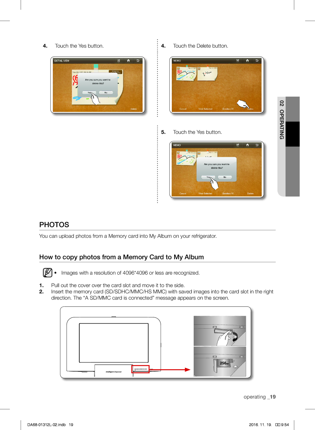 Samsung RS627LHQESR/ML manual Photos, How to copy photos from a Memory Card to My Album, 02operating Touch the Yes button 