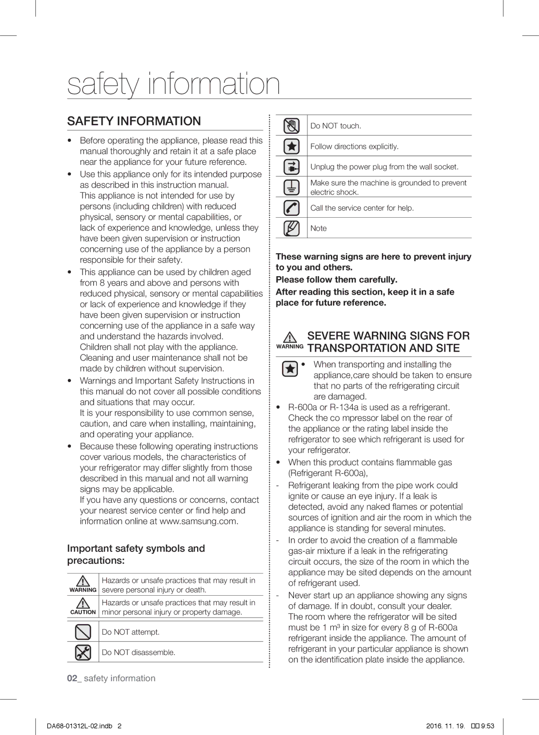 Samsung RS757LHQESR/ML, RS7778FHCWW/EF Safety Information, Important safety symbols and precautions, Safety information 