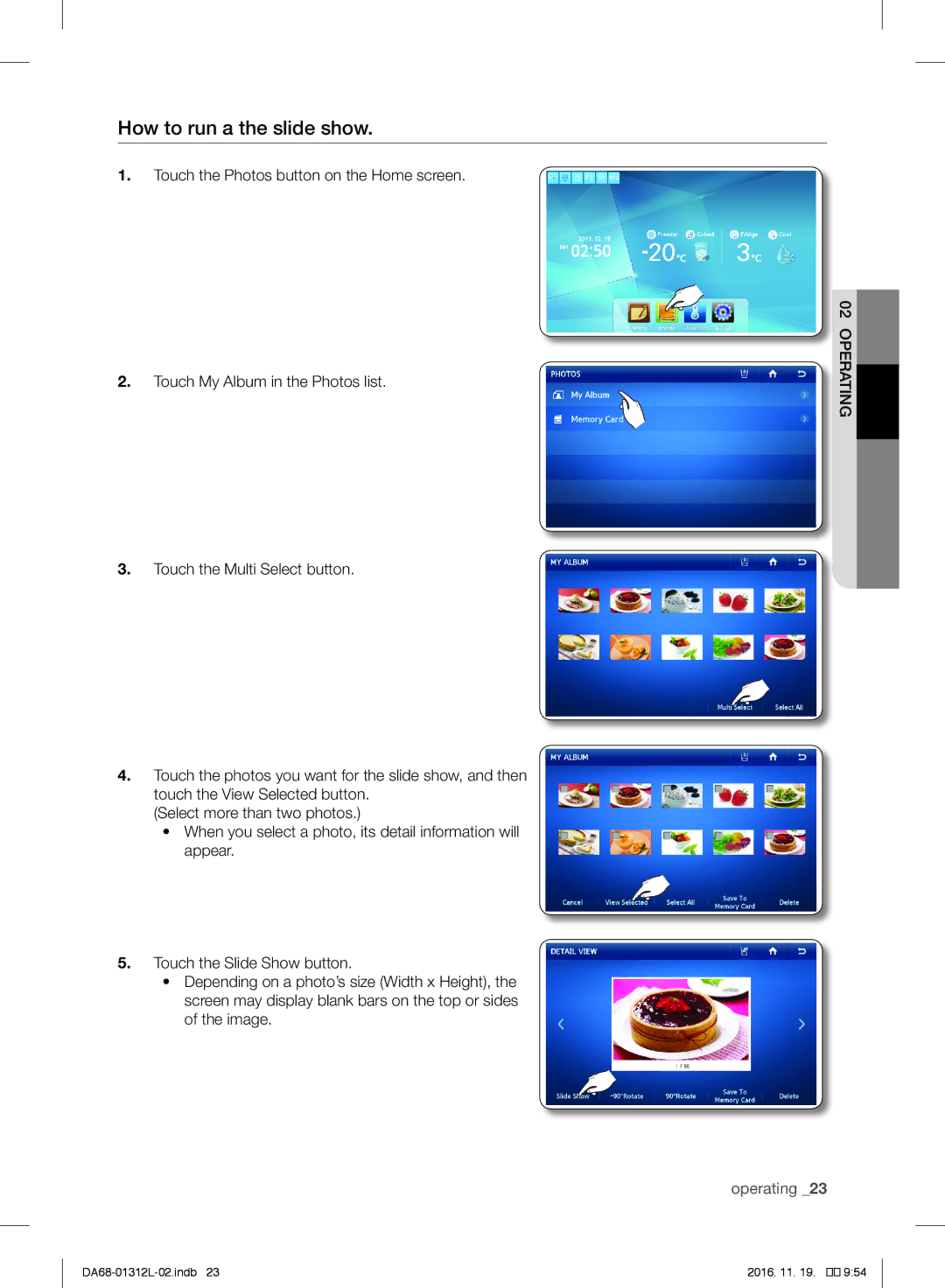 Samsung RS757LHQESR/ML, RS7778FHCWW/EF, RS627LHQESR/ML manual How to run a the slide show 