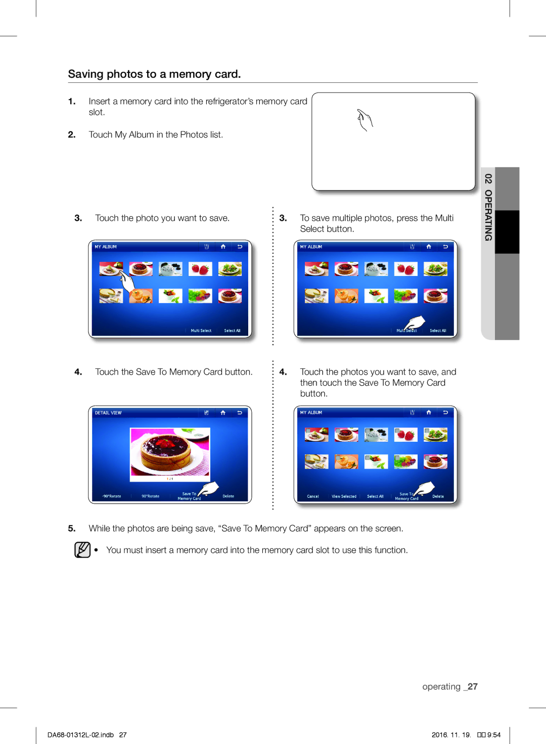 Samsung RS7778FHCWW/EF, RS627LHQESR/ML, RS757LHQESR/ML manual Saving photos to a memory card 