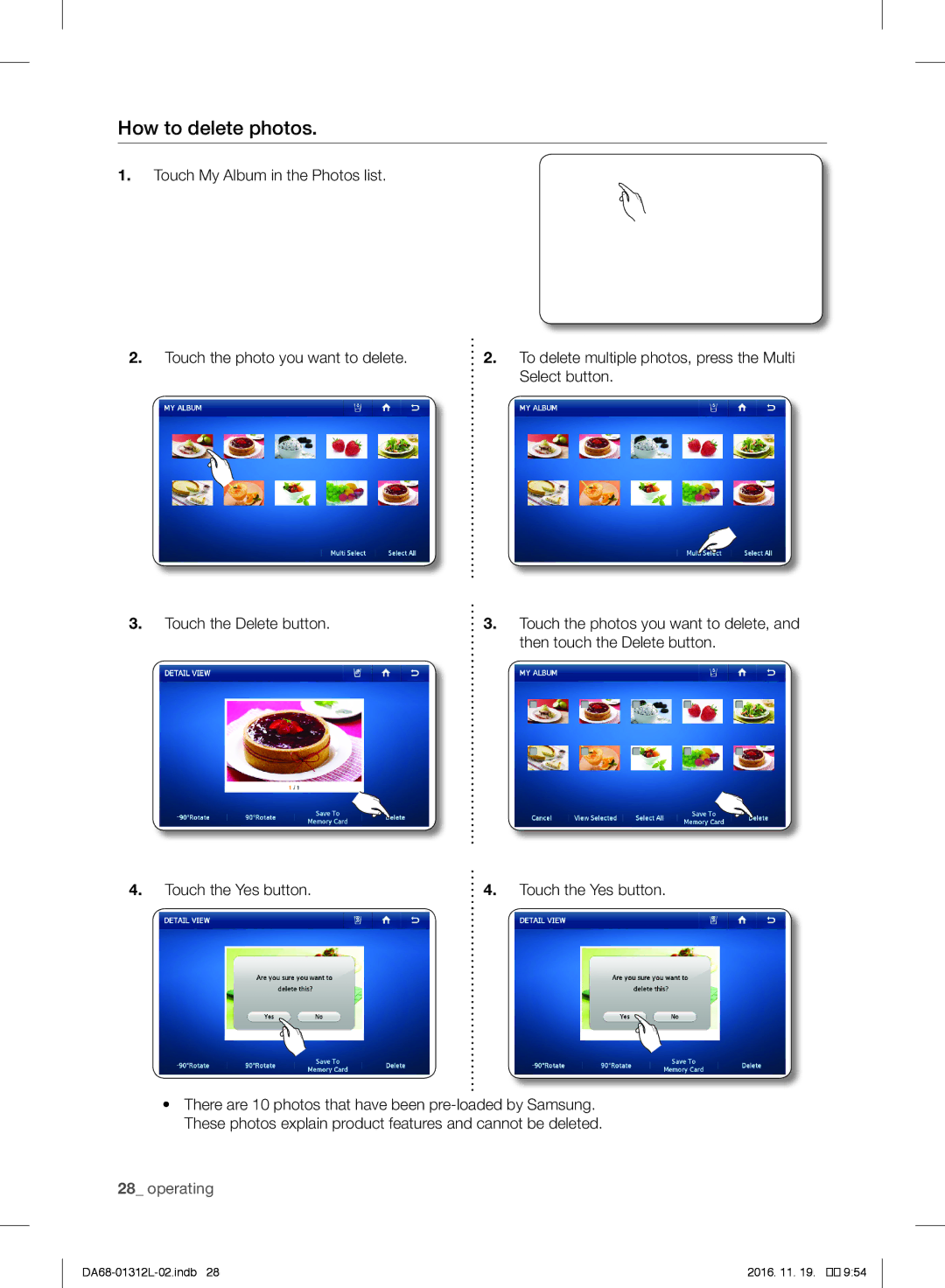 Samsung RS627LHQESR/ML, RS7778FHCWW/EF, RS757LHQESR/ML manual How to delete photos, Touch the Yes button 