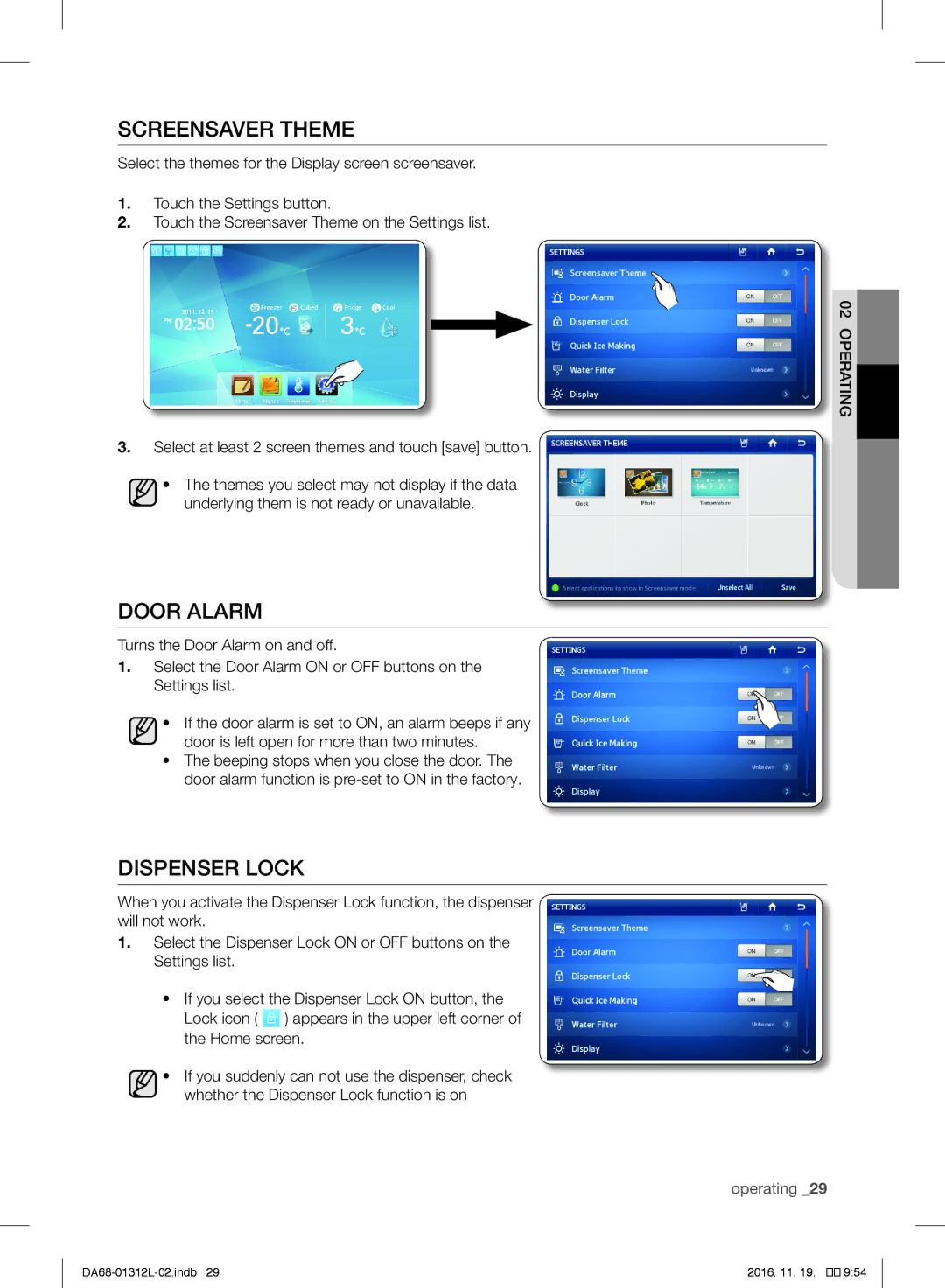 Samsung RS757LHQESR/ML, RS7778FHCWW/EF, RS627LHQESR/ML manual Screensaver Theme, Door Alarm, Dispenser Lock 