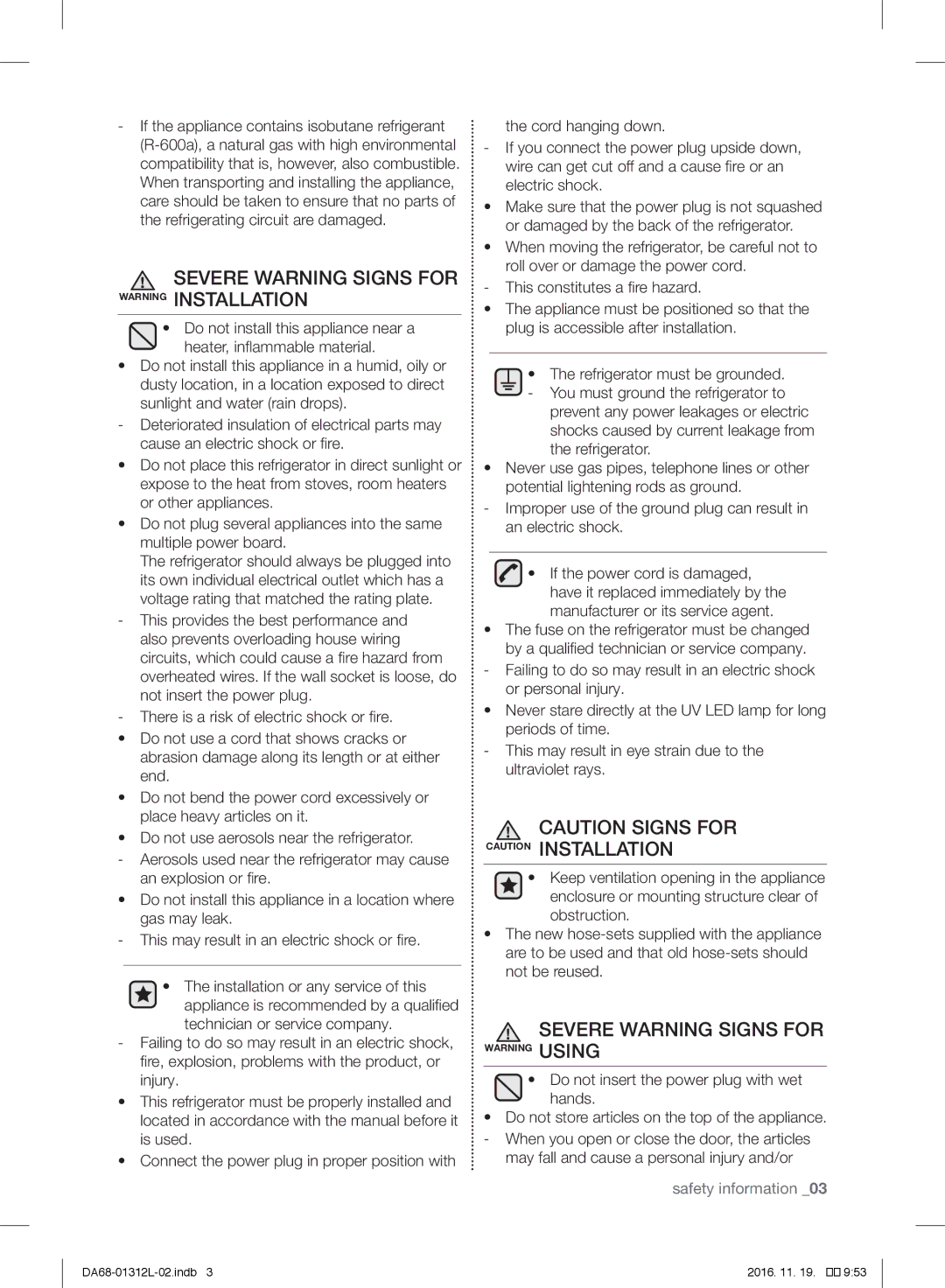 Samsung RS7778FHCWW/EF, RS627LHQESR/ML, RS757LHQESR/ML manual Severe Warning Signs for Warning Installation 