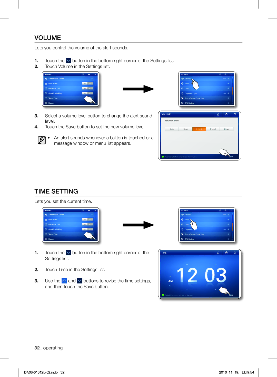 Samsung RS757LHQESR/ML, RS7778FHCWW/EF, RS627LHQESR/ML manual Volume, Time Setting 