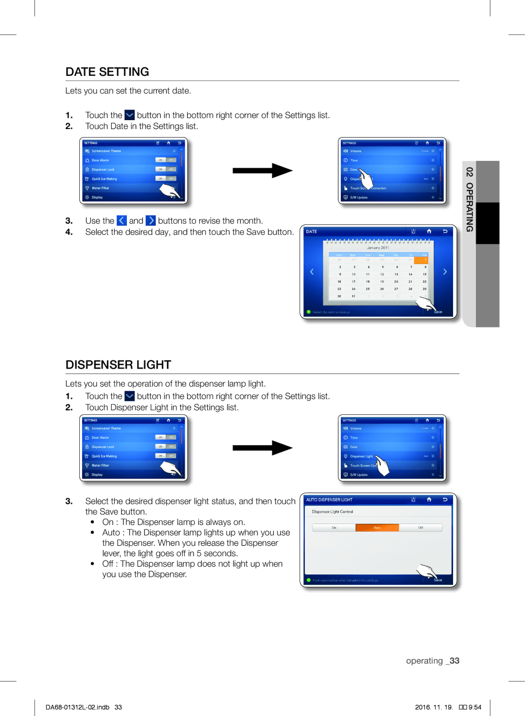 Samsung RS7778FHCWW/EF manual Date Setting, Dispenser Light, Select the desired day, and then touch the Save button 