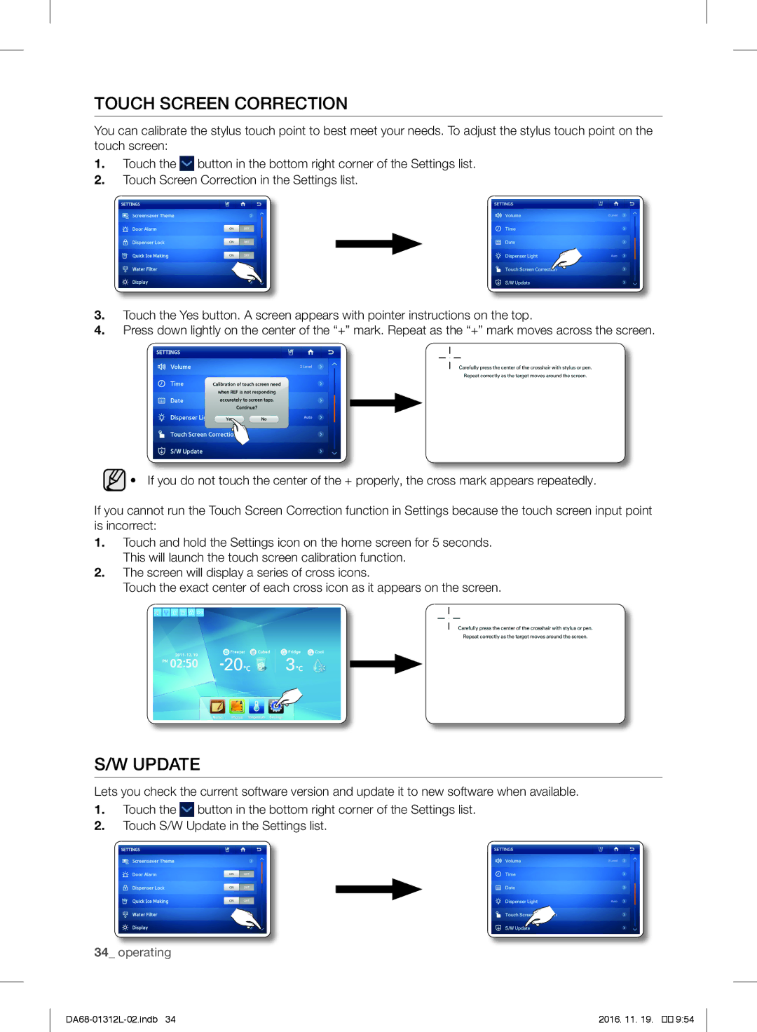 Samsung RS627LHQESR/ML, RS7778FHCWW/EF, RS757LHQESR/ML manual Touch Screen Correction, Update 