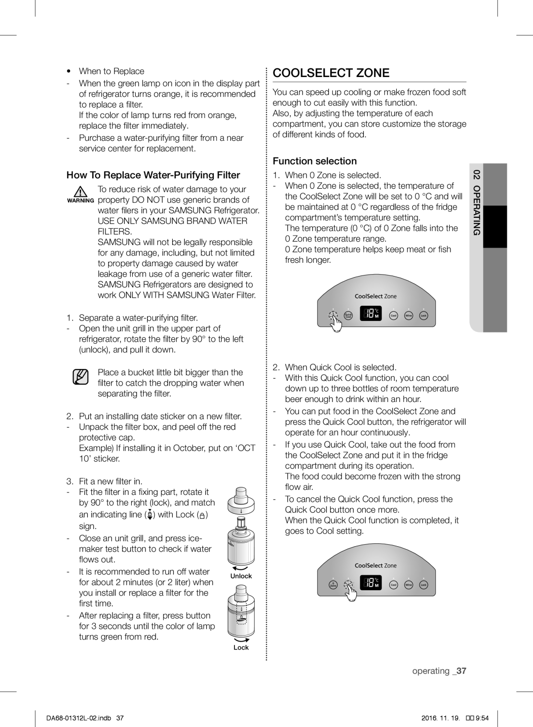 Samsung RS627LHQESR/ML, RS7778FHCWW/EF manual Coolselect Zone, How To Replace Water-Purifying Filter, Function selection 