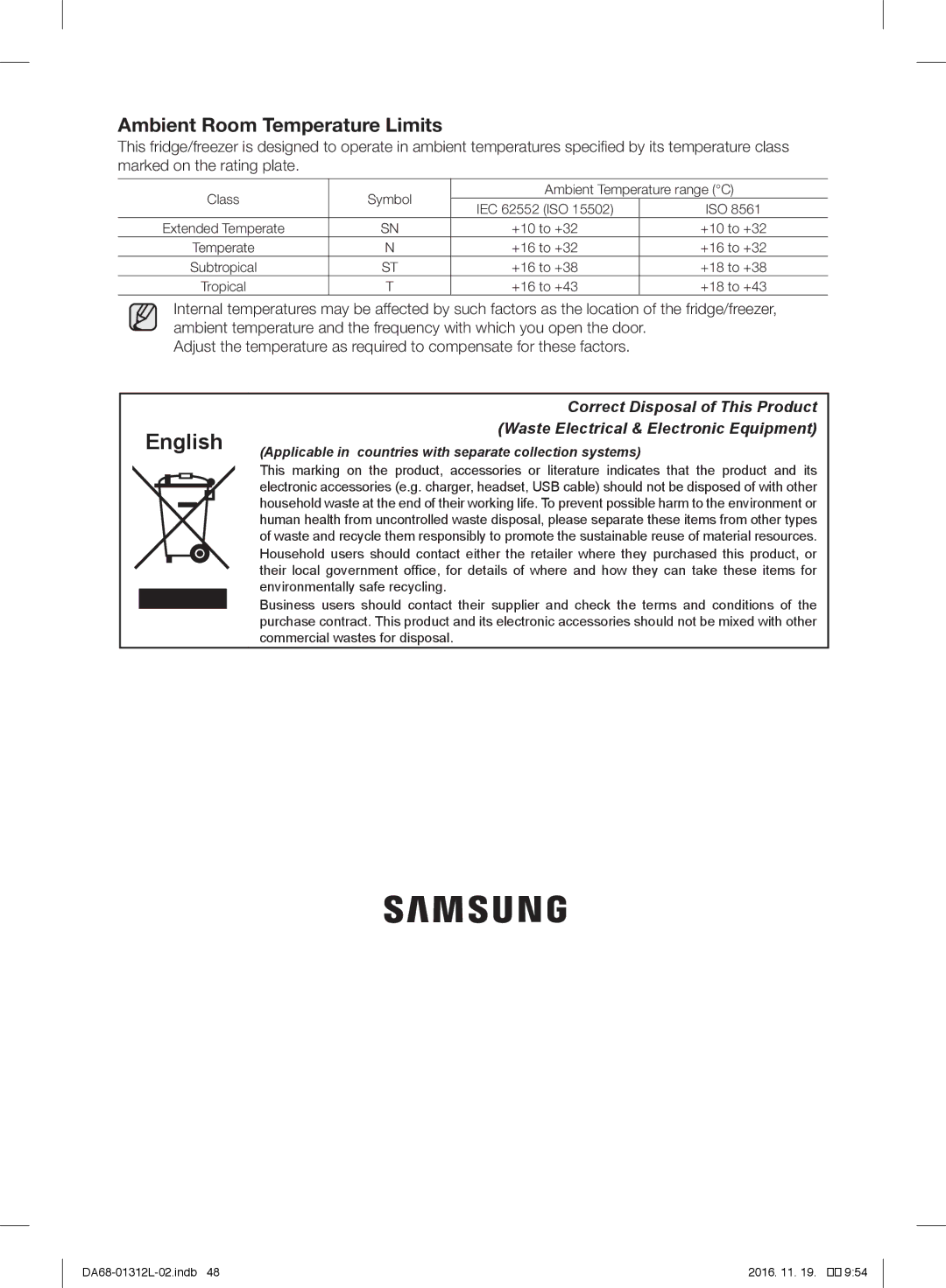 Samsung RS7778FHCWW/EF, RS627LHQESR/ML, RS757LHQESR/ML manual English, Ambient Room Temperature Limits 