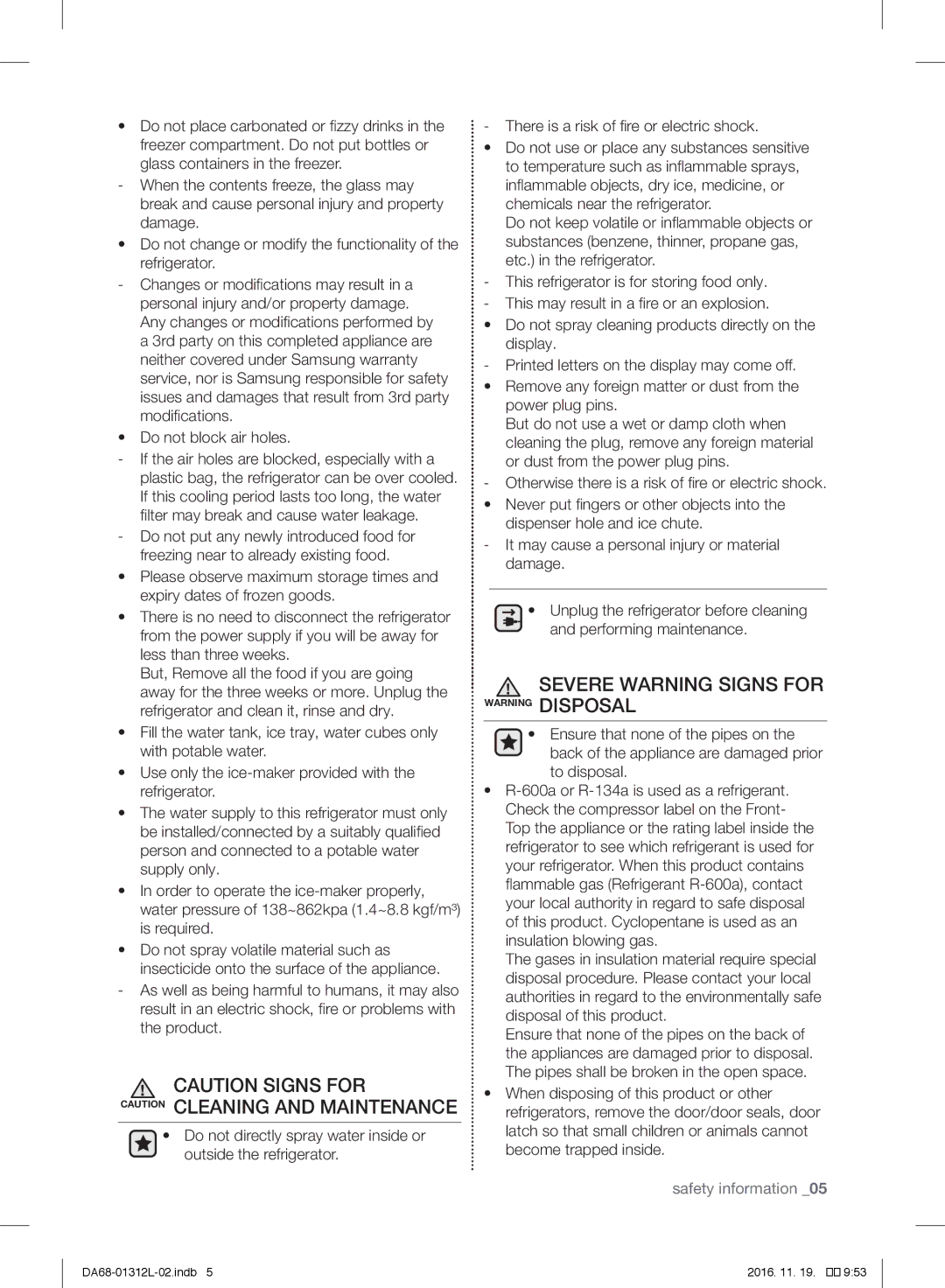 Samsung RS757LHQESR/ML, RS7778FHCWW/EF, RS627LHQESR/ML manual Severe Warning Signs for Warning Disposal 