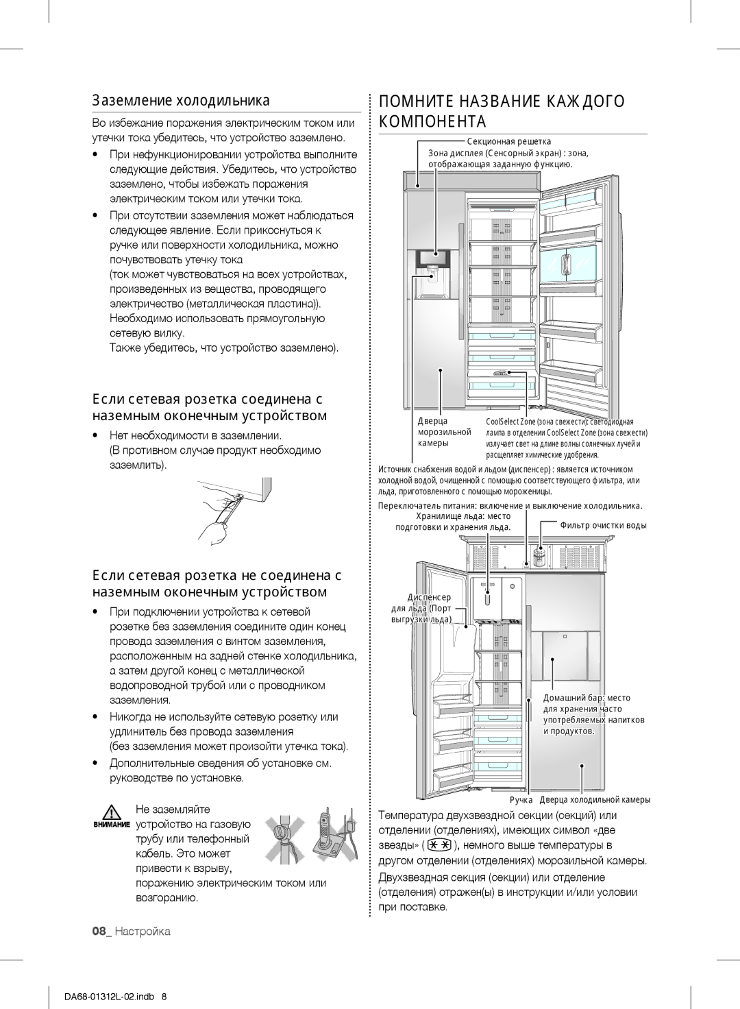 Samsung RS757LHQESR/ML, RS7778FHCWW/EF manual Помните Название Каждого, Компонента, Заземление холодильника, 08 Настройка 