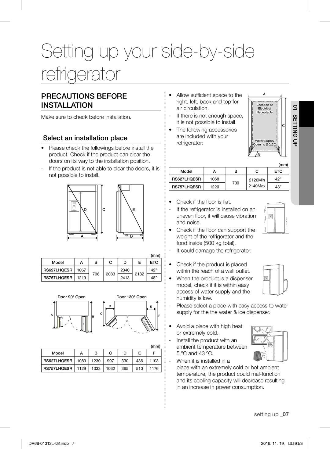 Samsung RS627LHQESR/ML, RS7778FHCWW/EF, RS757LHQESR/ML manual Precautions Before Installation, Select an installation place 