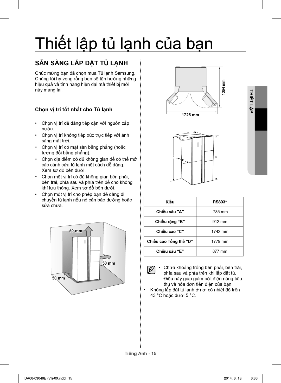 Samsung RS803GHMC7T/SV manual Thiết lập tủ lạnh của bạn, SẴN Sàng LẮP ĐẶT TỦ Lạnh, Chọn vị trí tốt nhất cho Tủ lạnh 